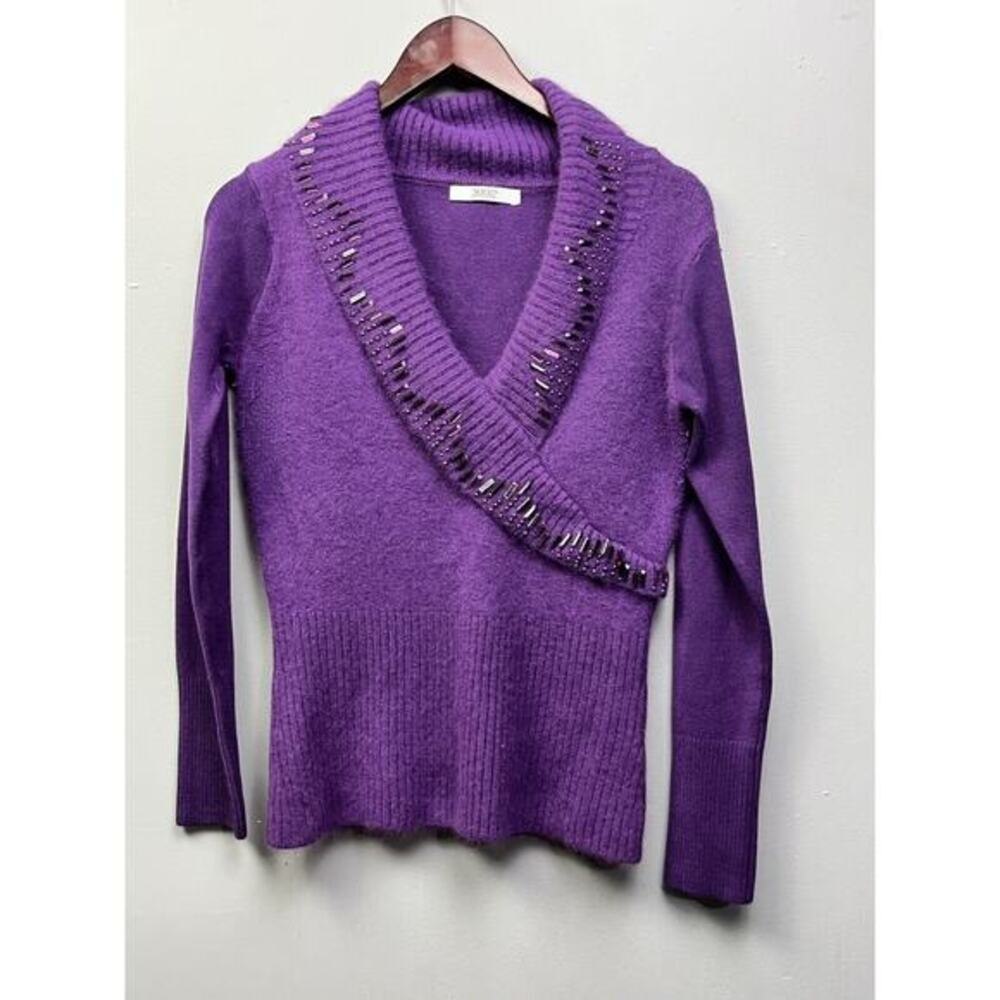 Red Collection Angora Wool‎ Purple Sweater Pullover Size S/M embellished V Neck